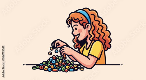 A girl with curly red hair is happily sorting colorful small round objects