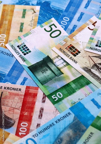 Obraz na plátně Norwegian krone money bills pile on table