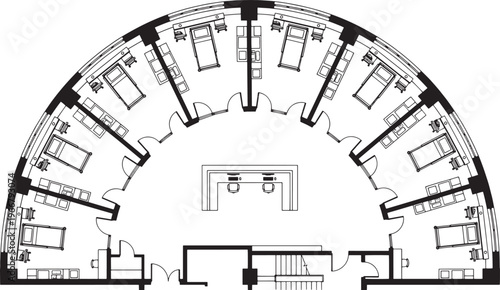 A top-down view of a semicircle-shaped room with a detailed architectural floor plan, emphasizing the structure's layout and design.