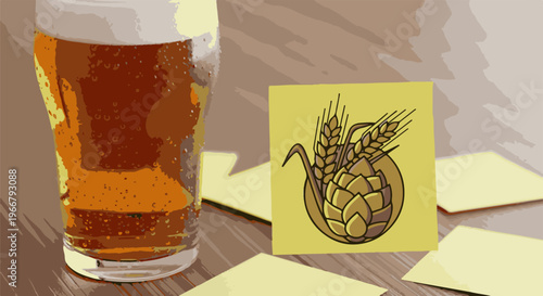 A glass of amber beer with foam, beside ingredients symbol