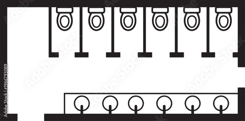 A detailed architectural blueprint of a public restroom reveals the infrastructure, ready for utility.