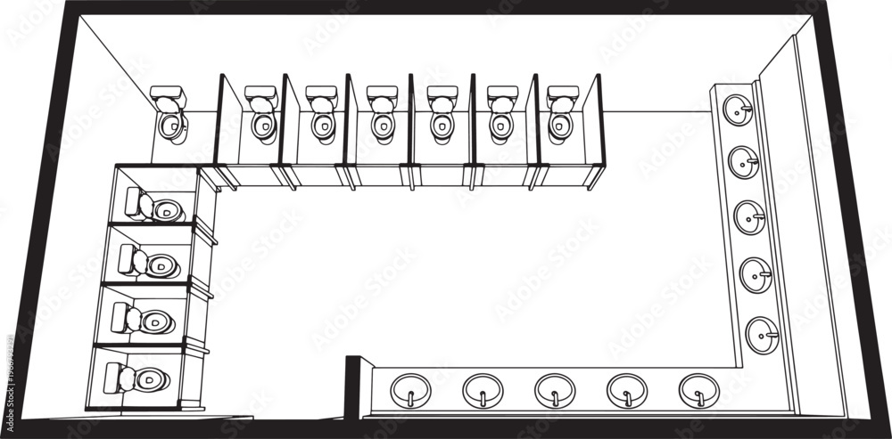 Fototapeta premium A detailed overhead architectural drawing showcases a public restroom layout, with multiple stalls and sinks arranged for functionality.