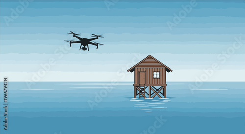 A drone flies over a stilt house in a calm, blue ocean