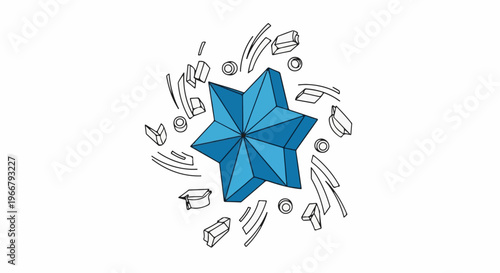 A geometric blue star radiates outward with abstract shapes and circles