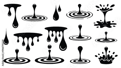 black liquid drips and splashes on white background