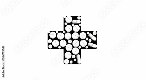 A cross shape formed by an assortment of white pills and capsules