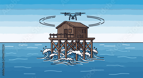A drone hovers over a wooden stilt house in the rough ocean
