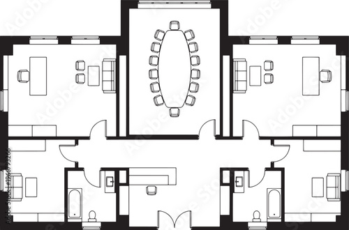 A detailed architectural floor plan showcases the elegant layout of a modern office space, highlighting the design of meeting rooms and private offices.