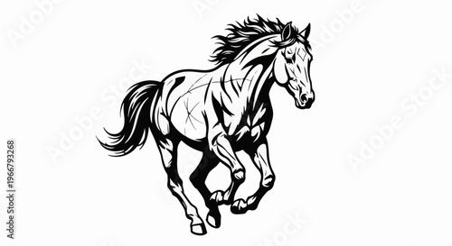 A dynamic black and white illustration of a galloping horse with flowing mane
