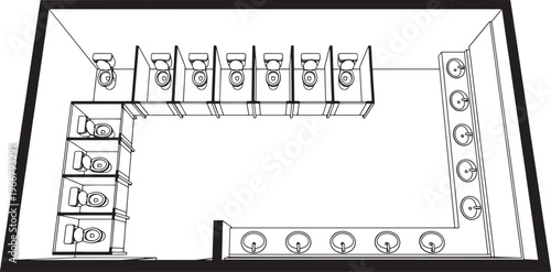 A detailed overhead architectural drawing showcases a public restroom layout, with multiple stalls and sinks arranged for functionality.
