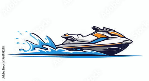 A dynamic, graphic illustration of a personal watercraft speeding through blue water