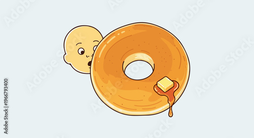 A curious baby peeks around a large, buttery, syrup-drenched donut