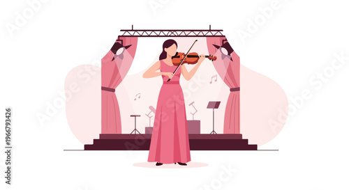 Female Violinist Performing Violin on Stage Music Concert Art Performance Vector Illustration