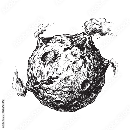 Hand drawn of a spherical celestial body resembling a planet ink engraving line black png