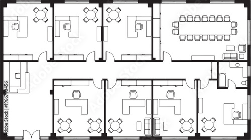 Office Plan: A comprehensive architectural rendering depicts a modern office layout, featuring private offices, collaborative workspaces, and a formal meeting room. 