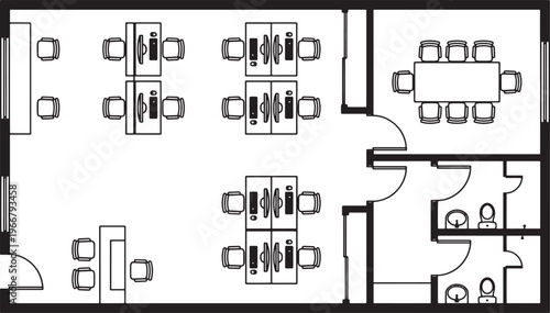 Modern office layout with various workstations, meeting area, and supporting spaces. A functional design that promotes collaboration and productivity.