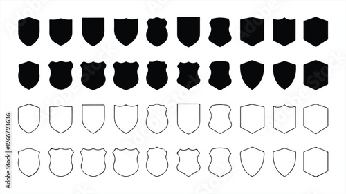 collection of black and white shield icons in various shapes and line styles for design use