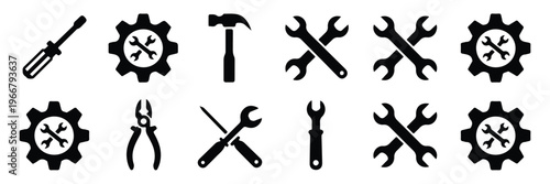 black silhouettes of various tools and gears on white background