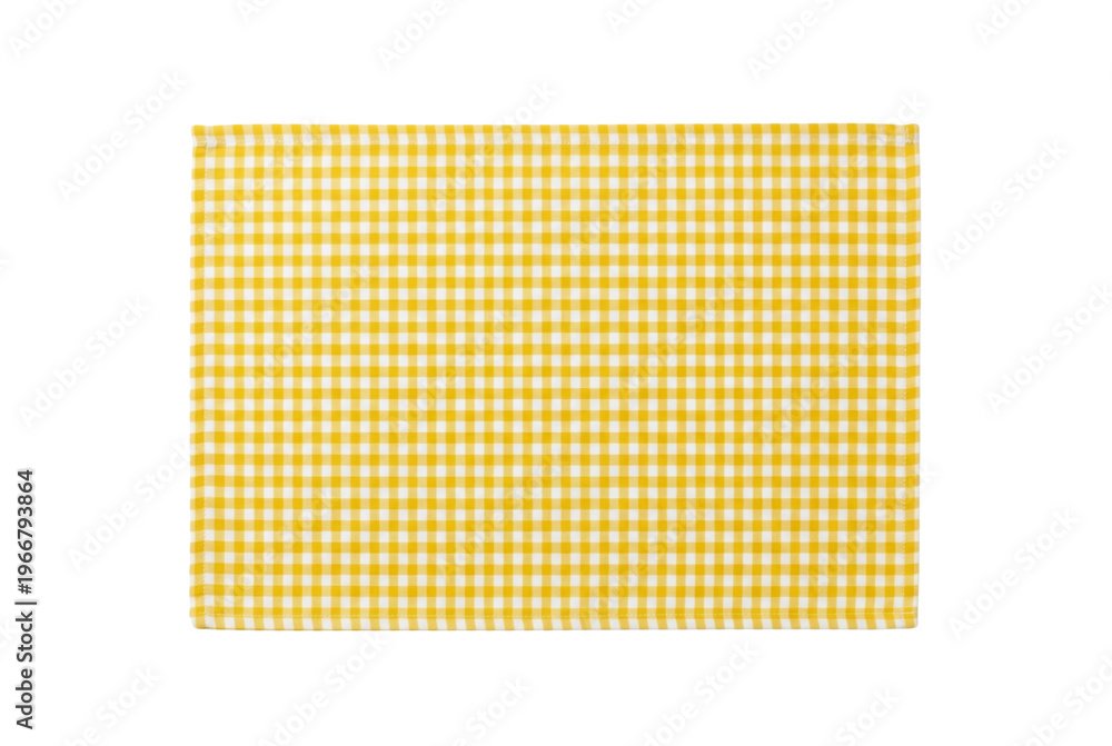 Fototapeta premium Yellow and white gingham napkin top view isolated. Fabric table setting mockup.