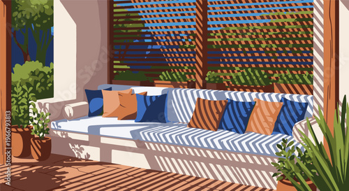 A covered outdoor seating area with a sofa, pillows, plants, and dappled sunlight