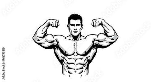 Muscular Man Flexing Biceps and Chest Muscles Black and White Drawing