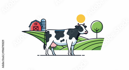 A cow stands on a farm with a barn, silo, tree, sun, and rolling hills