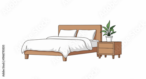 A cozy bed with white linens and a potted plant on a nightstand