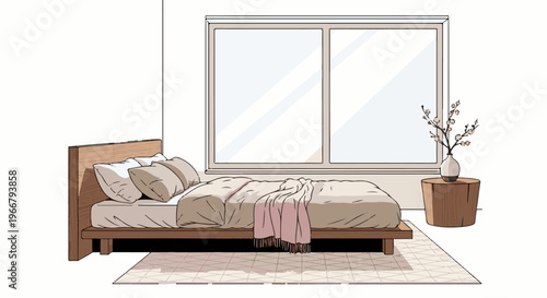 A cozy bedroom scene with a bed, pillows, blanket, bedside table, and vase