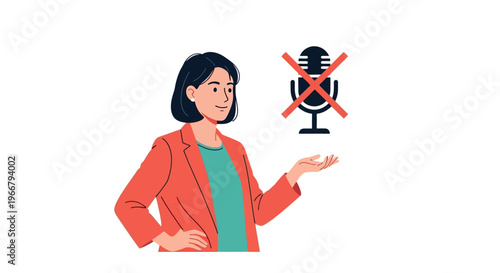 Professional woman presenting an illustration of a disabled or muted microphone, symbolizing silence or an audio problem in virtual communication