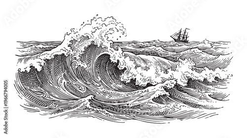 Sailing ship navigating a massive ocean wave during a storm ink engraving line black png
