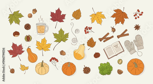 Cozy Autumn Elements Collection Fall Harvest, Warm Drinks, and Seasonal Decor