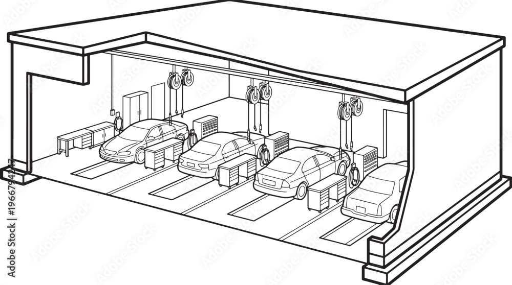 Fototapeta premium Inside a meticulous automotive service center, the architectural layout showcases cars undergoing meticulous inspection and maintenance.