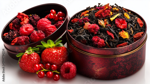 Une boîte en métal de luxe rouge foncé ouverte sur un mélange de thé noir aux quatre fruits rouges. Vrac de fraises, framboises et groseilles disposé avec art. Isolé sur fond blanc