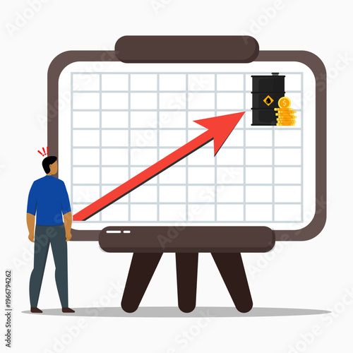 Businessman looking rising oil price chart with upward arrow, barrel, and coins. Concept of increasing energy costs, inflation, and economic growth trends impacting global markets.