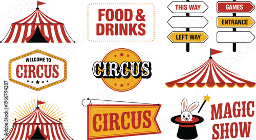 Retro carnival graphic collection featuring circus tents, welcome signs, ticket boards, and emblem badges clean playful line art design