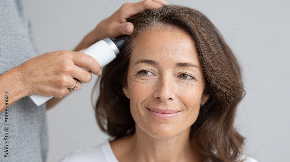 Fototapeta premium Mature caucasian woman receiving hair treatment at salon
