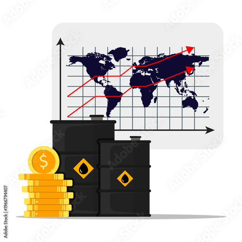 Global oil market growth concept with barrels, coins, and rising chart on world map, representing increasing fuel prices, energy economy trends, and international trade expansion.
