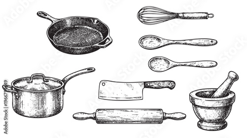 Vintage Engraved Style of Kitchen Utensils including Pot Pan ink engraving line black png