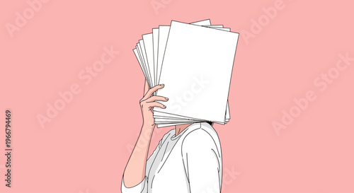 Person holding a stack of blank white papers covering their face