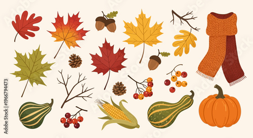 Vibrant autumn collection of fall season elements colorful leaves, festive pumpkins, gourds, berries, acorns, pinecones, a cozy scarf, and harvest corn
