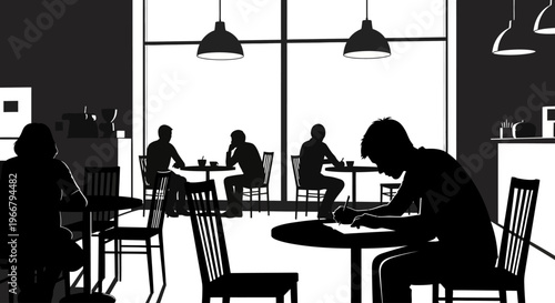 Silhouetted Figures in a Cafe with Large Windows