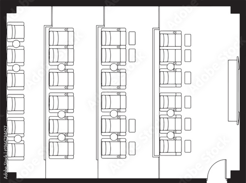 A top-down view of a spacious seating arrangement, perfect for architectural visualization and design projects. The minimalist black and white rendering showcases rows of seats, offering a clean.