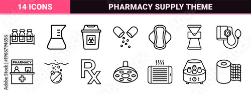 Pharmaceutical Healthcare Linear Graphics Minimalist Monoline Geometric Outlines Professional Medical Treatment Supply User Interface Elements