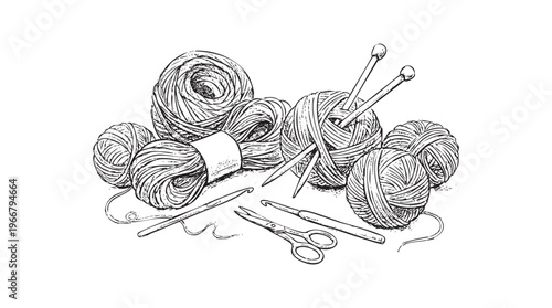 Vintage Hand Drawn of Knitting Needles Yarn Balls Crochet ink engraving line black png