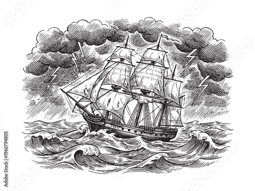 Vintage sailing ship battling stormy seas with lightning ink engraving line black png