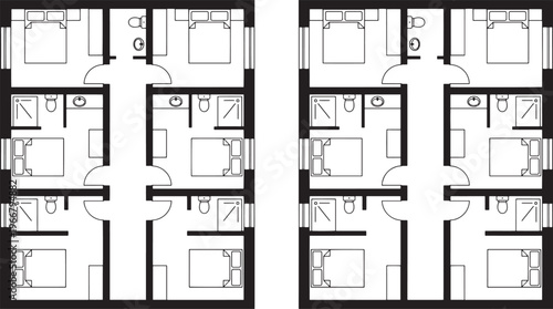 Architectural plans of a stylish apartment or housing layout that illustrates detailed design elements and provides a visual map.