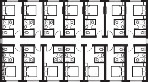 Architectural blueprint of a hotel floor plan, offering a bird's-eye view, showcasing the intricate layout and design of each individual room with precision and detail.