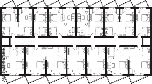 Detailed top-down architectural layout of a modern building, offering a clear view of multiple interconnected units and communal spaces, demonstrating precision and efficient planning.
