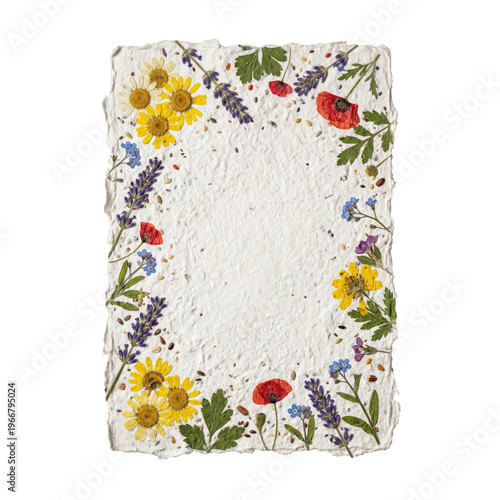 Handmade recycled paper with dried floral border isolated. Wedding invitation or greeting card template.