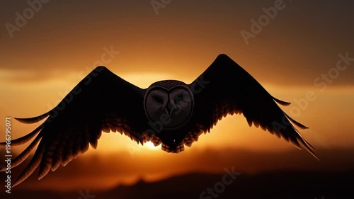 Majestic Owl's Aerial Dance: A barn owl soars gracefully against the warm backdrop of the setting sun, its silhouette a symbol of freedom and serenity.